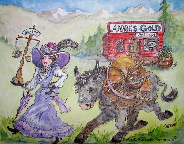 Annie's gold, Idaho Springs, CO Annie & her donkey carry gold and their scales from antiques & collectables to search for more gold in the mountains.